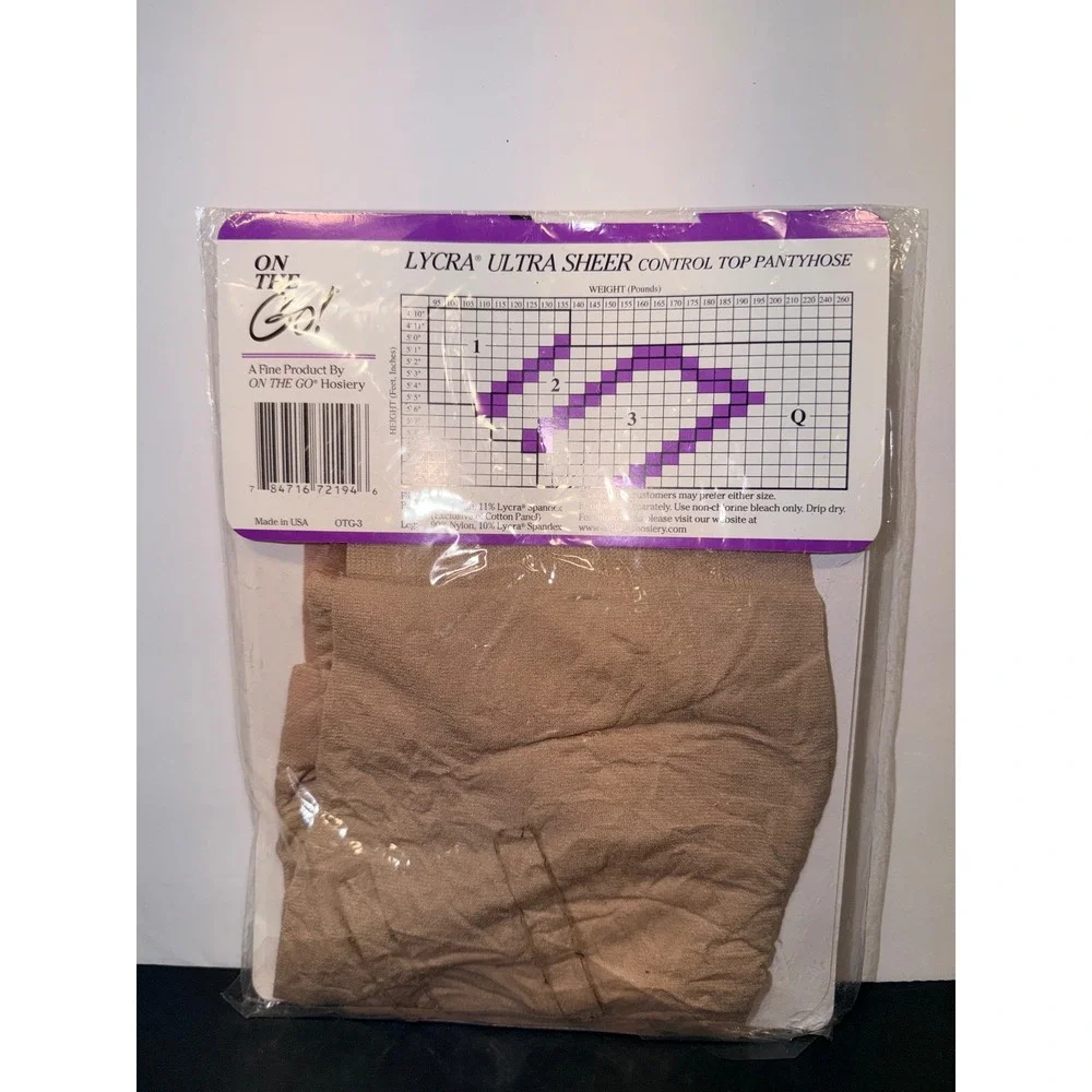 On The Go! Lycra Ultra Sheer Control Top Pantyhose Nude Sz 3 Sandalfoot OTG-3